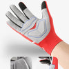 Red cycling gloves with gray palm microfiber for shock absorption and wear resistance