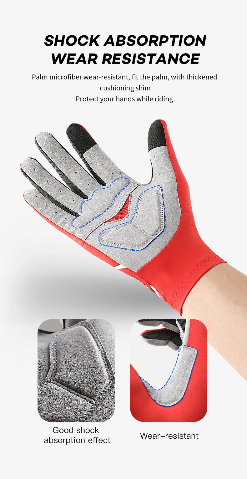 Red cycling gloves with gray palm microfiber for shock absorption and wear resistance