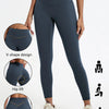 A model wears dark blue high-waist yoga leggings demonstrating V-shape design and hip lift features.