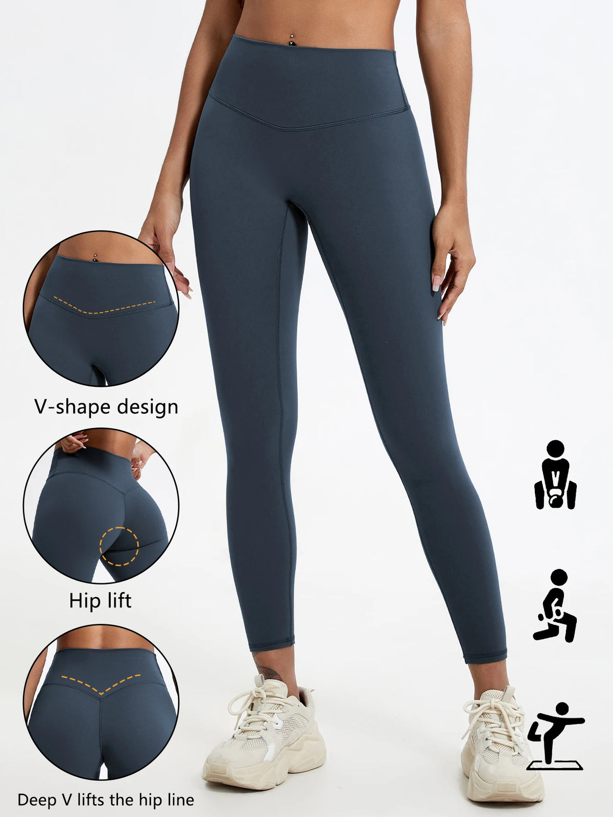 A model wears dark blue high-waist yoga leggings demonstrating V-shape design and hip lift features.