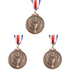 A round bronze sports achievement medal featuring a trophy and laurel wreaths, suspended by a blue and white ribbon.