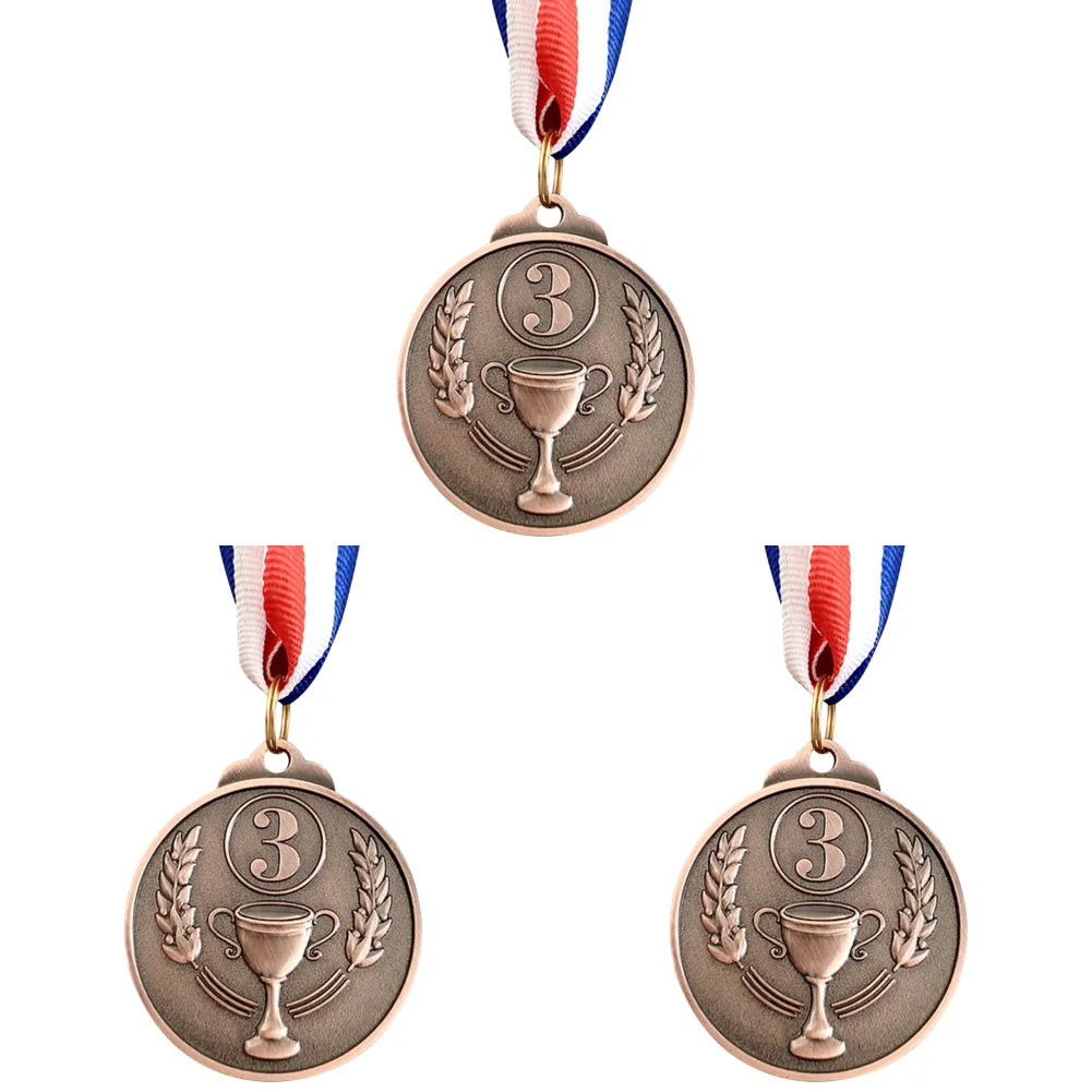 A round bronze sports achievement medal featuring a trophy and laurel wreaths, suspended by a blue and white ribbon.