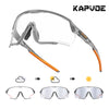 A pair of Kapvode photochromic cycling sunglasses shown in various states of light adjustment.