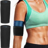A woman wearing a teal sports top demonstrates arm slimming compression bands on her upper arm.