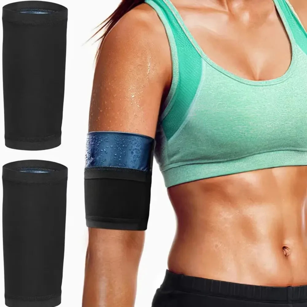A woman wearing a teal sports top demonstrates arm slimming compression bands on her upper arm.