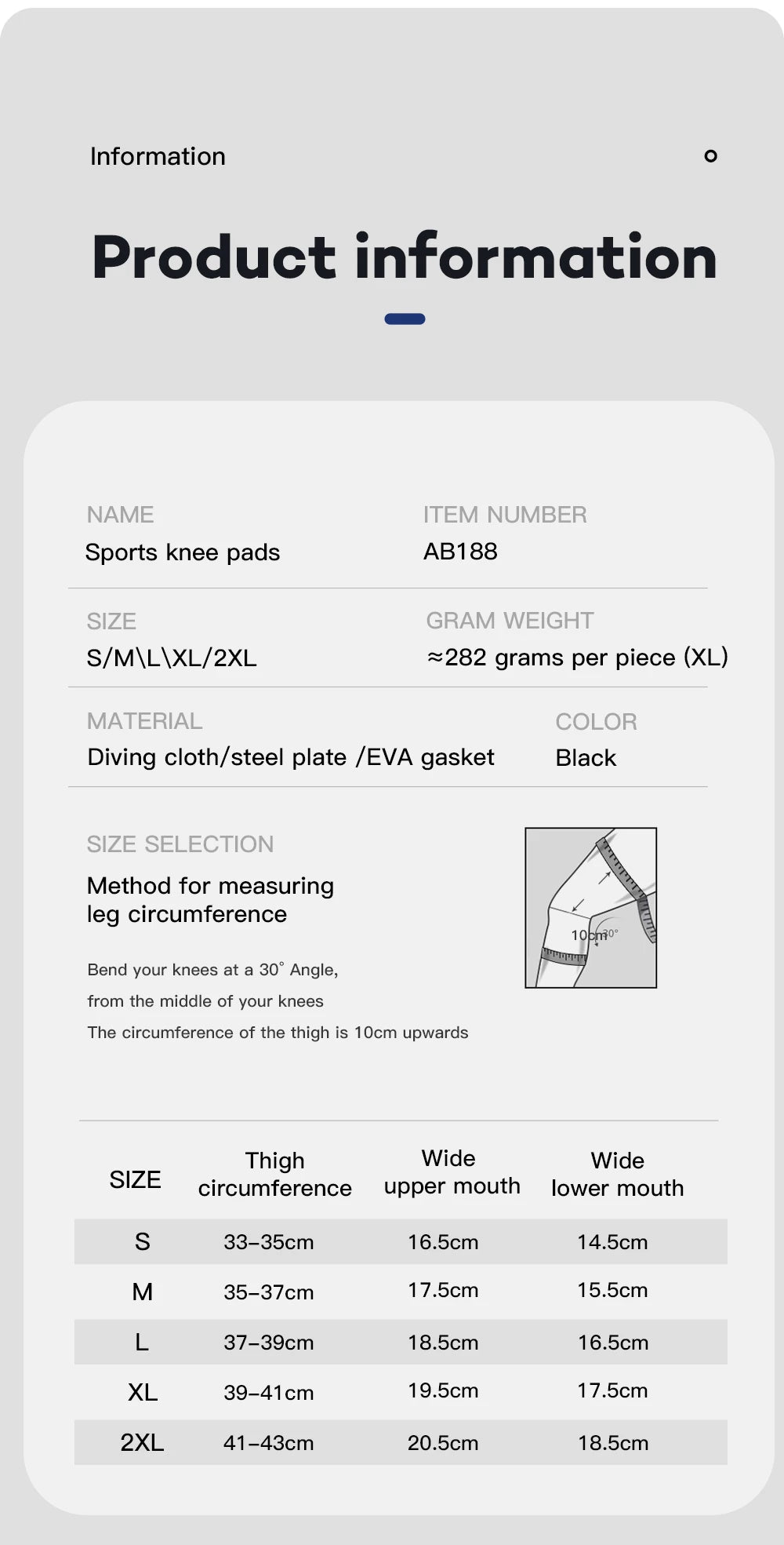 Product information detailing sizes and measurements for sports knee pads, including thigh circumference and mouth dimensions