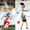 A woman wearing ergonomic plantar fasciitis relief socks is shown in various athletic poses.