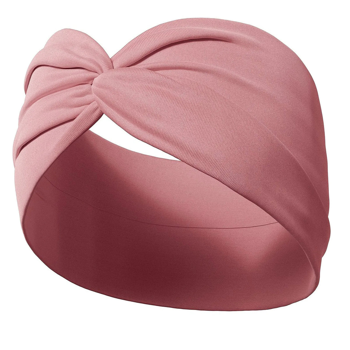 A pink fabric headband tied in a bow, suitable for yoga or hair styling.
