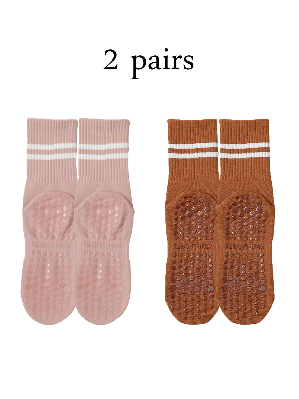 Two pairs of pink and brown grip socks for yoga and barre
