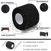 Roll of black self-adhesive tattoo grip tape showing features like waterproofness, elasticity, and compression support.