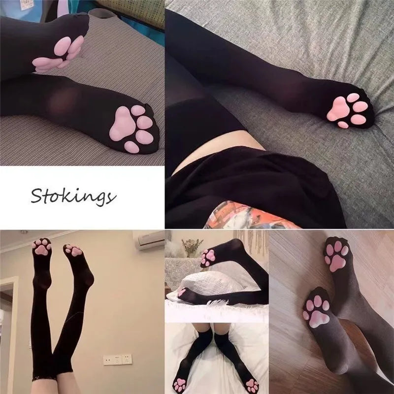 Black thigh high socks with pink cat paw pads for cosplay