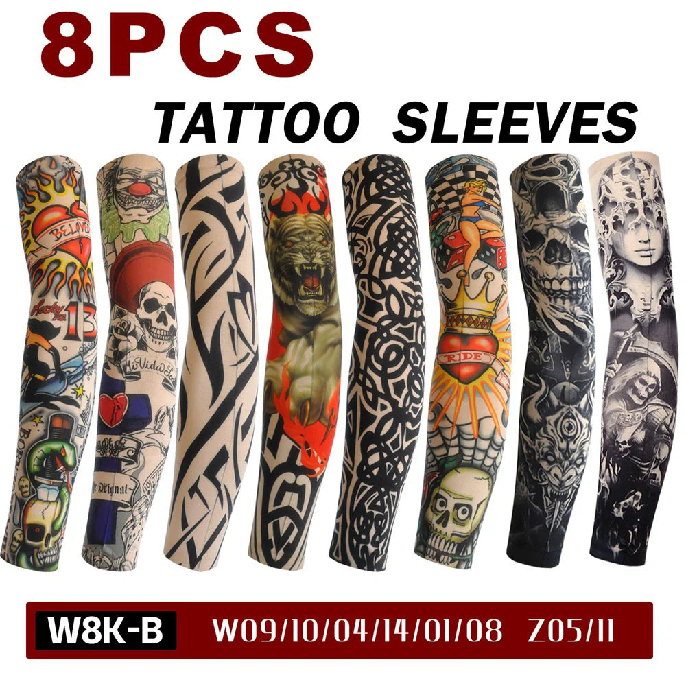 Paquete de ocho mangas para tatuajes con diversos diseños en mangas elásticas transpirables