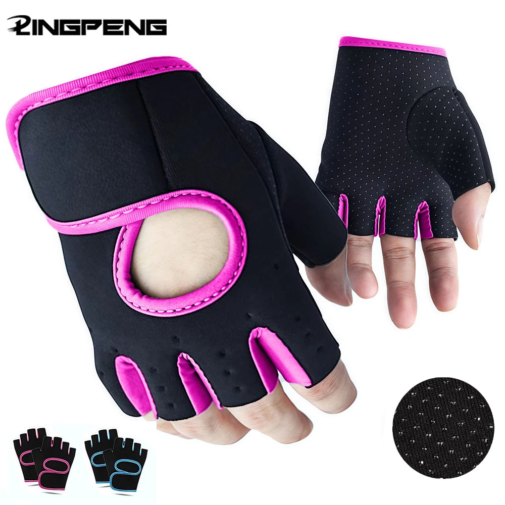 Gants de sport noirs avec accents roses montrés sur une main, ainsi que les composants individuels du gant.