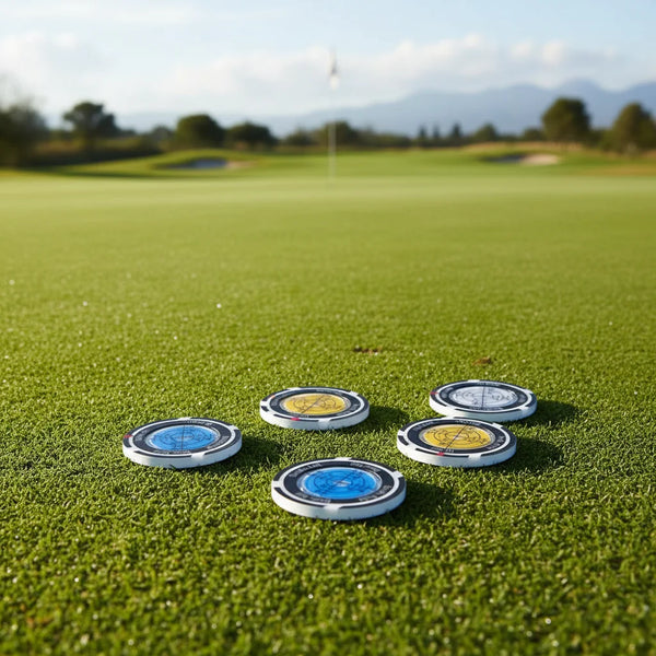 Cuatro marcadores de bolas de golf y medidores de pendiente en un campo de golf.