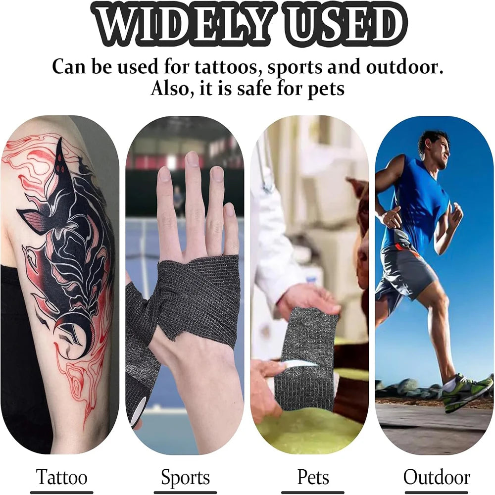 Black self-adhesive tattoo grip tape used for tattoos, sports, pets, and outdoor activities.