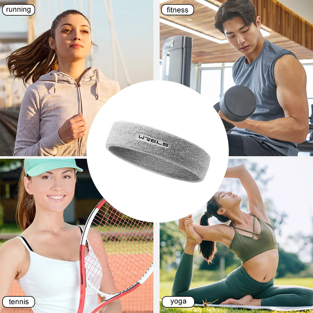 A collection of athletic sweatbands used in various fitness activities including running, gym workouts, tennis, and yoga.