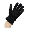 Black breathable motorbike riding gloves shown on a hand.