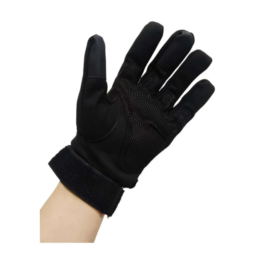 Black breathable motorbike riding gloves shown on a hand.