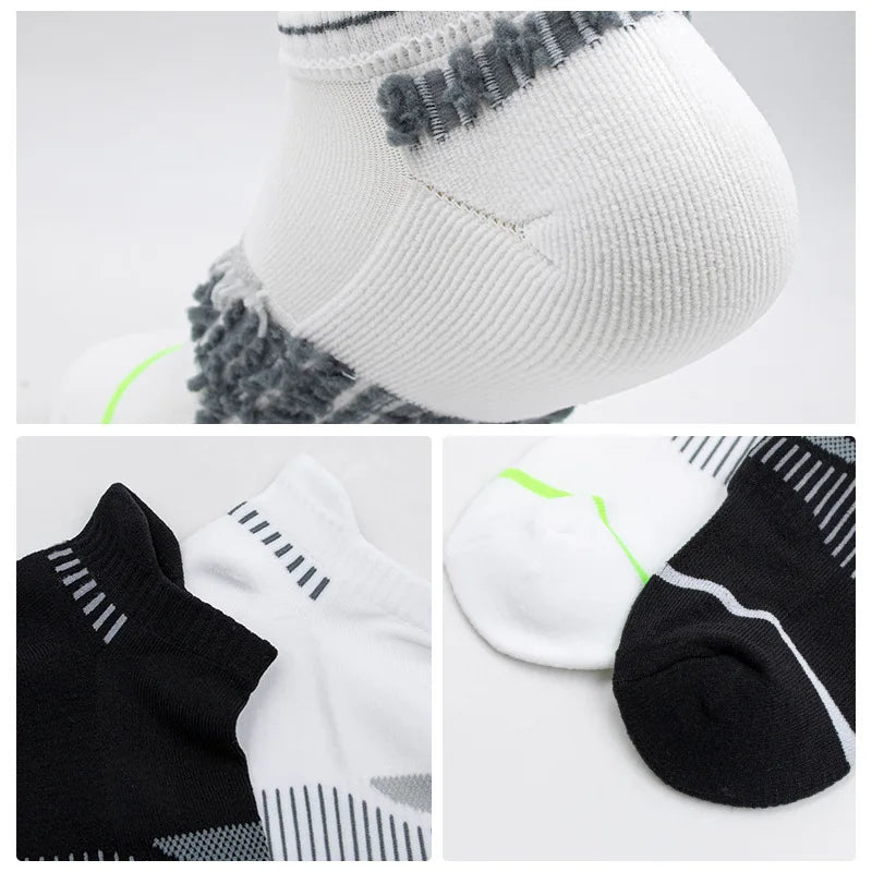 A close-up of white and gray crew socks for men showing various textures and patterns.