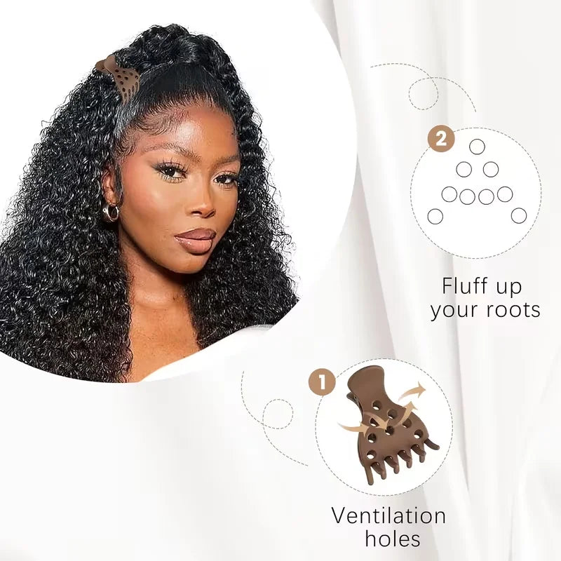 A woman with long dark curly hair is shown alongside a set of hairpin curling clamps for root lifting.