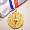 A gold sports achievement medal hanging from a ribbon, featuring a laurel wreath and a trophy design.