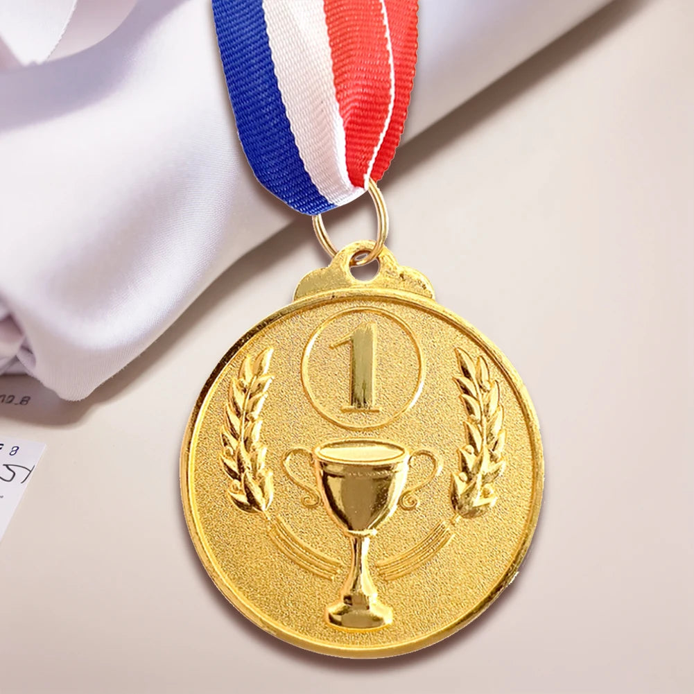 A gold sports achievement medal hanging from a ribbon, featuring a laurel wreath and a trophy design.
