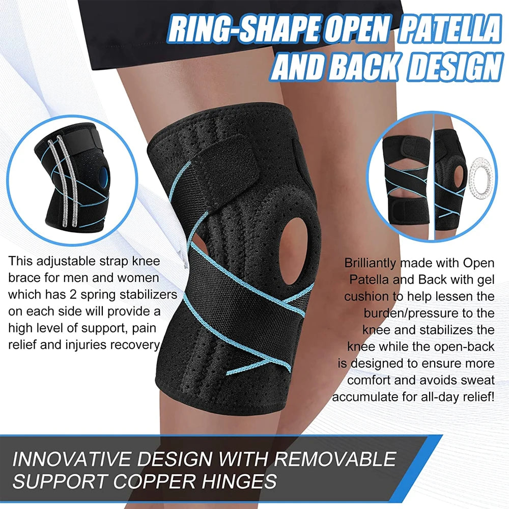 Black ring-shape open patella and back design knee brace for men and women with removable copper hinges