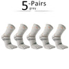 Five pairs of grey men's sport compression socks displayed flat.