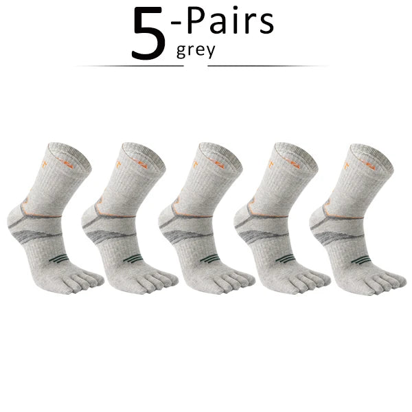 Five pairs of grey men's sport compression socks displayed flat.