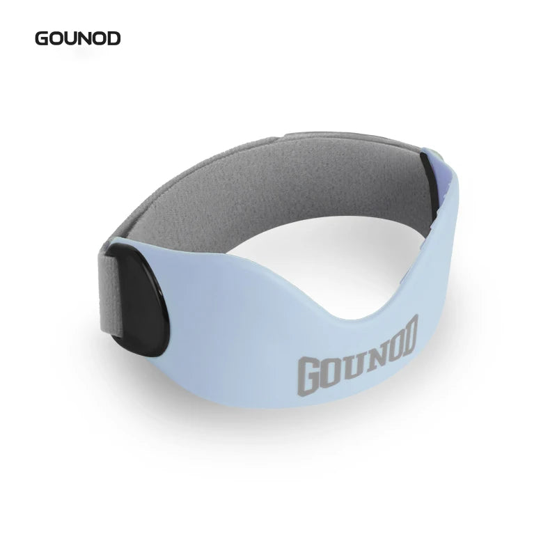 A light blue silicone knee support strap worn on the forearm.