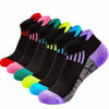 A collection of multi-colored knit sports socks displayed in various shades including black, pink, green, yellow, and purple.