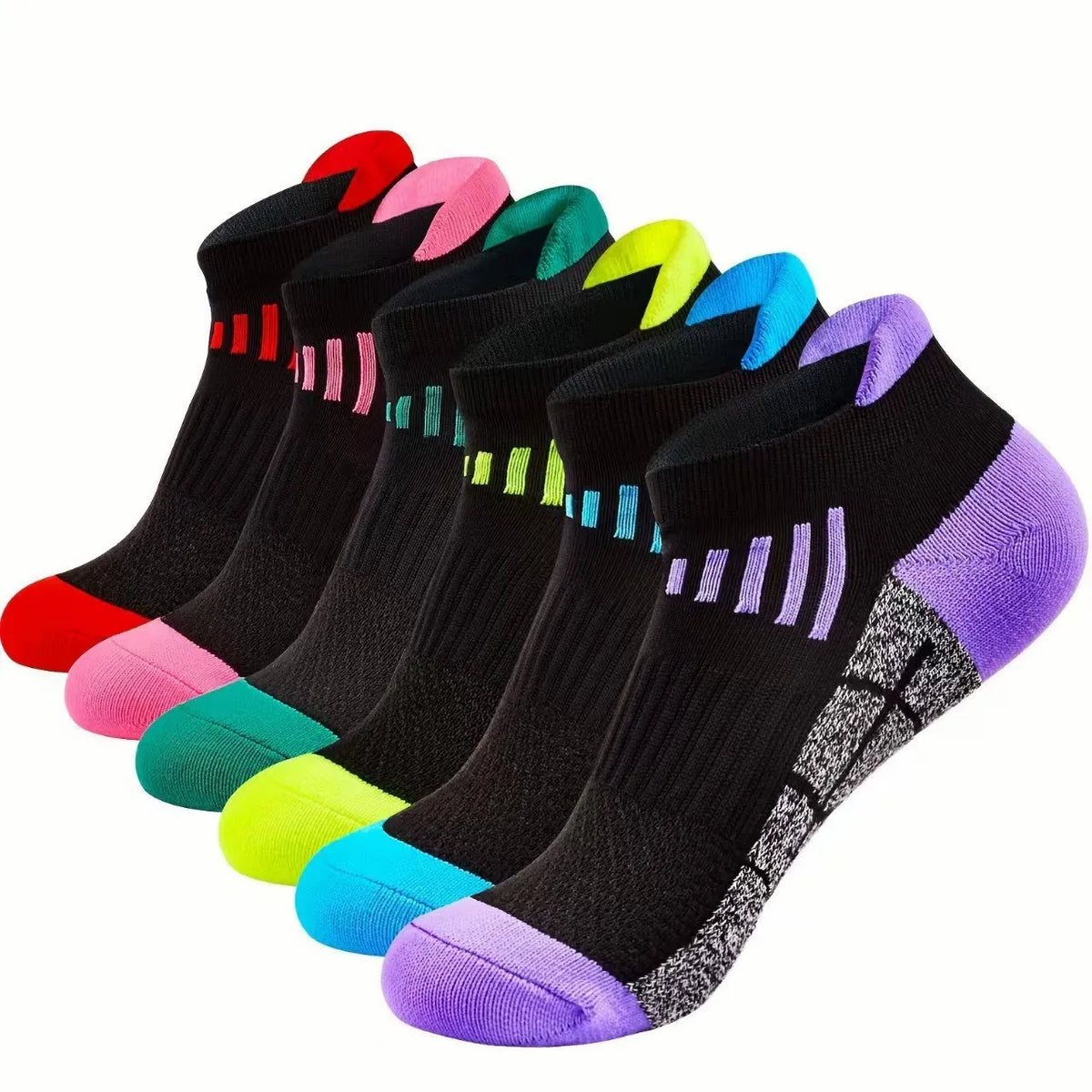 A collection of multi-colored knit sports socks displayed in various shades including black, pink, green, yellow, and purple.