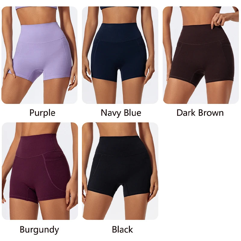 A collection of women's high-waist yoga and workout shorts in various colors including purple, navy blue, dark brown, burgund