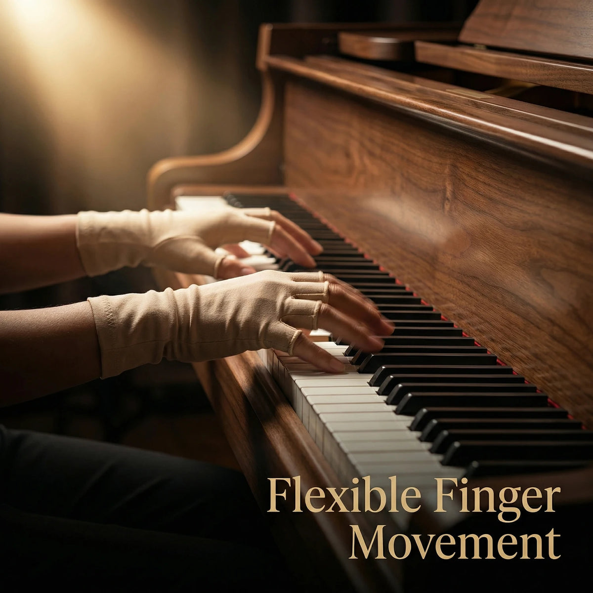 Hands wearing beige fingerless compression gloves playing a grand piano.