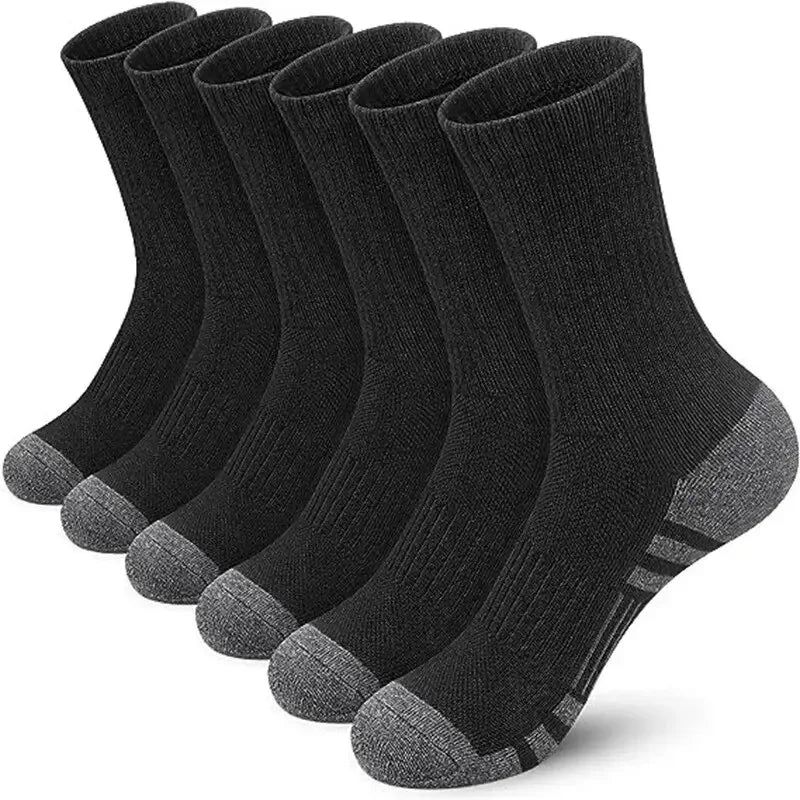 A pack of six black and gray men's outdoor gym football socks displayed in a row.