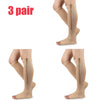Three pairs of beige compression zippered stockings shown on legs.