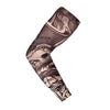 A close-up of a dark gray sun protection breathable arm sleeve worn on an arm.