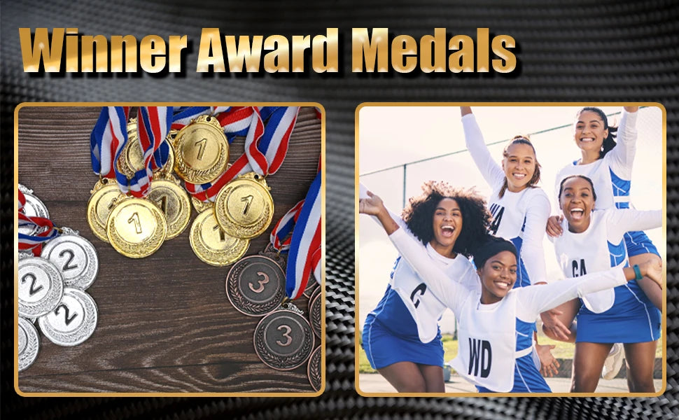 A display of gold, silver, and bronze award medals with ribbons, alongside a group of smiling female athletes.