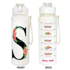 Front and back views of a white insulated straw tumbler featuring a large letter S design with floral accents