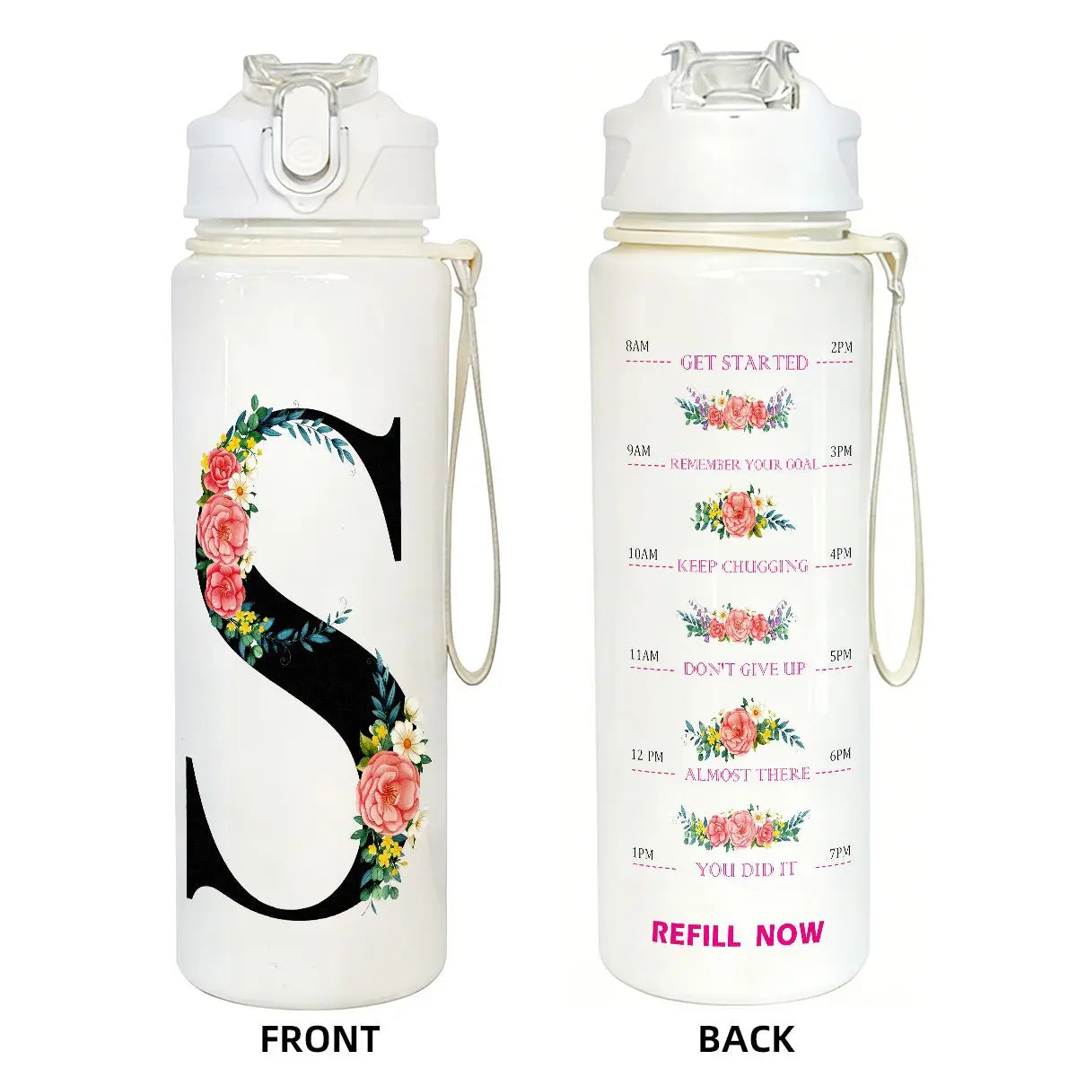 Front and back views of a white insulated straw tumbler featuring a large letter S design with floral accents
