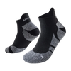 A pair of black performance sports ankle socks with a gray geometric pattern.