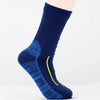 A close-up of a navy blue waterproof breathable hiking sock with bright yellow accents.