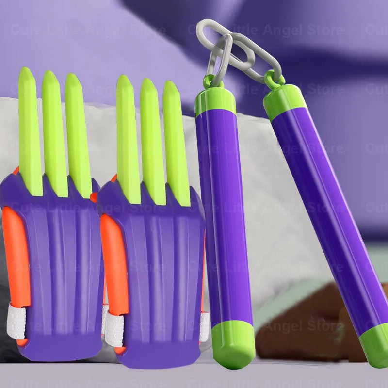 A purple carrot-shaped fidget stress relief toy with green accents is shown in a close-up view.