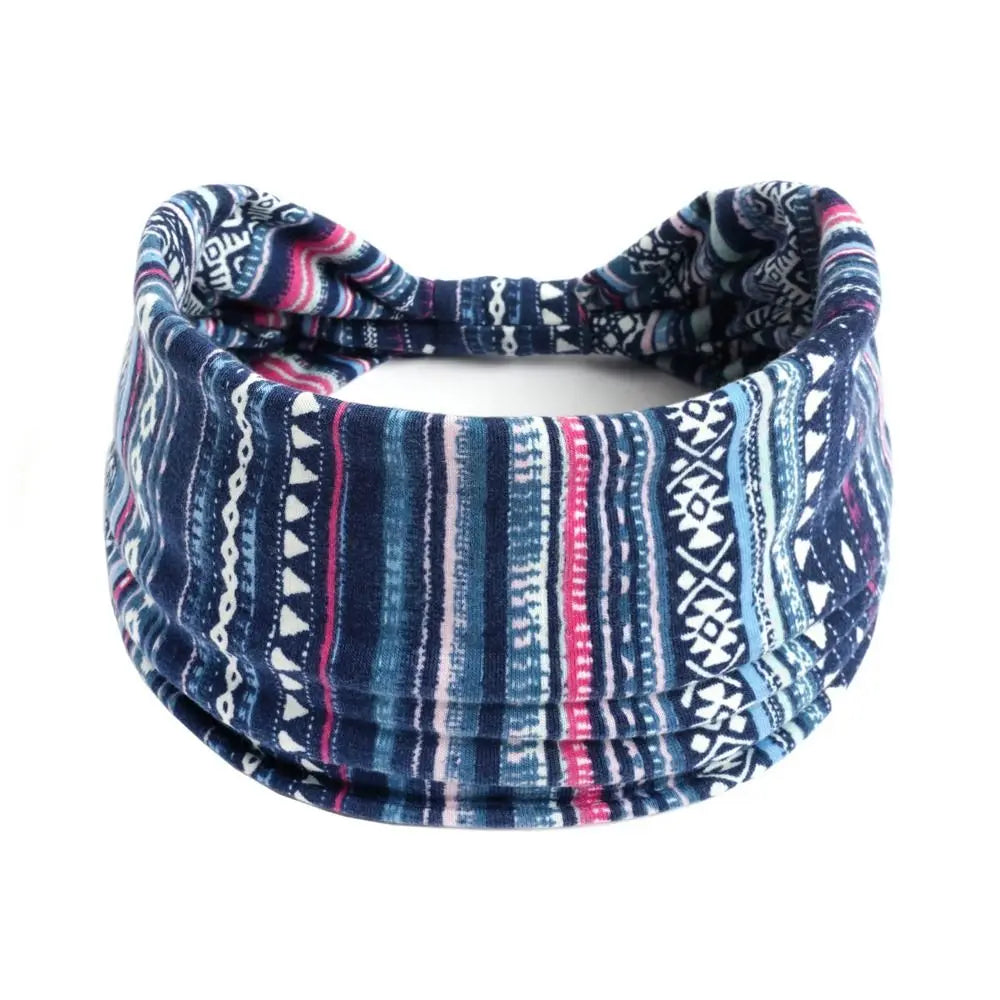 Large headband/hair wrap with dark blue and white bohemian print