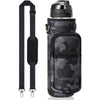 Botella térmica negra de camuflaje con funda, correa y bolsa con cremallera separada.