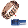 A copper bracelet and a magnetic clasp are shown together.