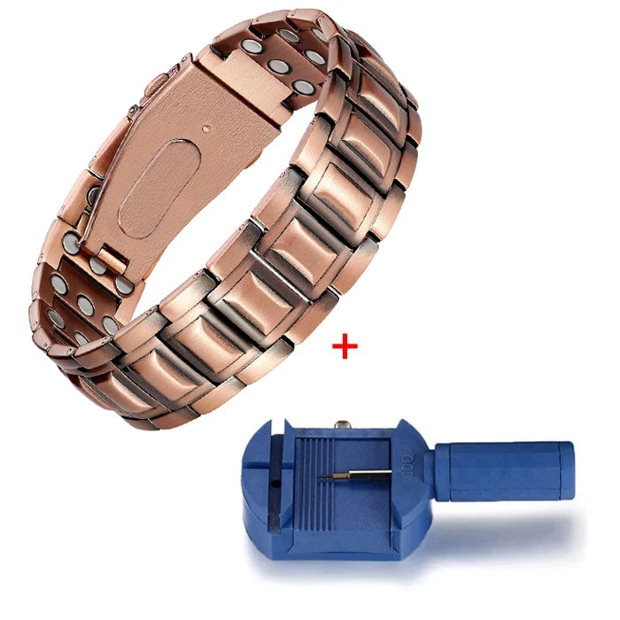 A copper bracelet and a magnetic clasp are shown together.