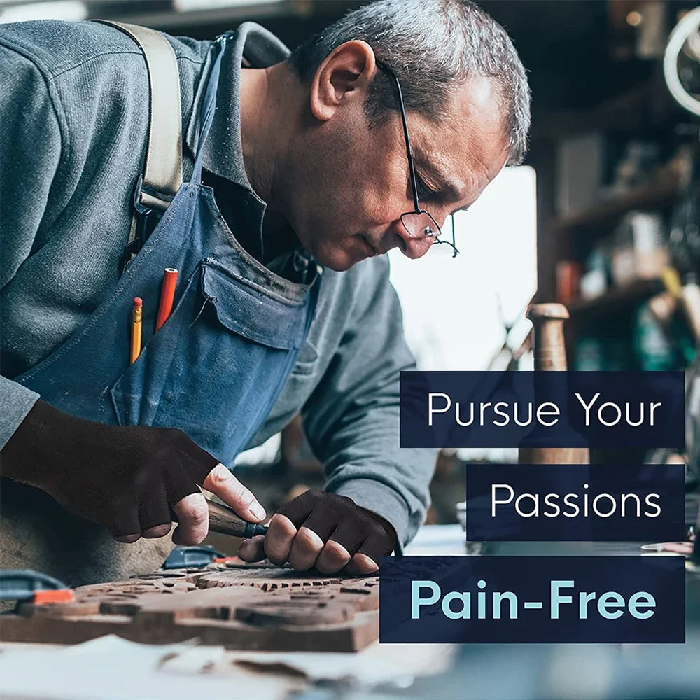 A person wearing a denim apron is working on a wooden object, suggesting a craft or therapeutic activity.