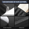 Four panels showing the advantages of leather including soft lines, strong adhesive, scratch resistance, and waterproof featu