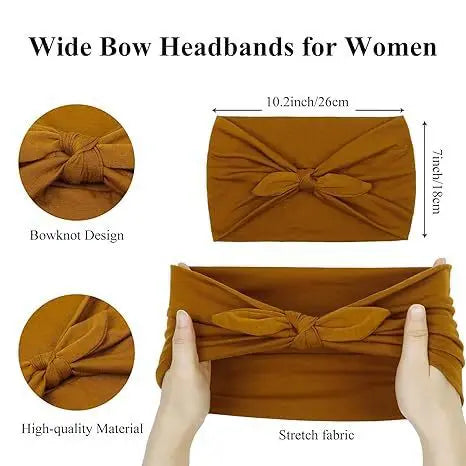 A set of solid brown bow headbands for women shown in various styles and materials.